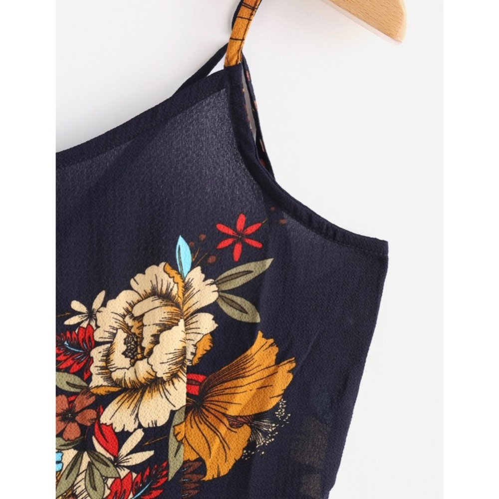 Floral Criss Cross Back Frill Hem Cami Romper - Picture 2 of 5